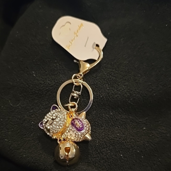 Accessories - Elegant Gold and Silver Cat And Bell Keychain/Purse Charm with Purple Accent
